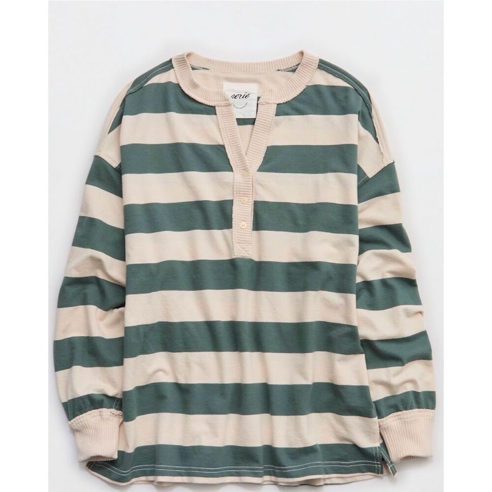 NEW Aerie Womens L Sweatshirt Henley shirt Poolside Terry green beige stripe top